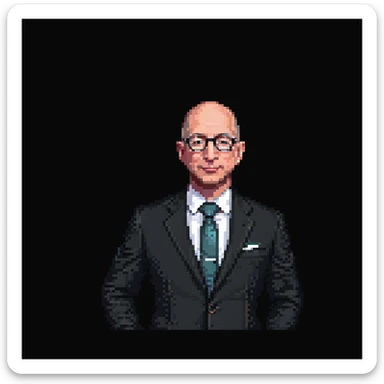pixel art portrait of Jeff Bezos, bald, glasses, suit, simple background sticker