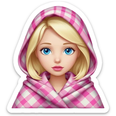 A beautiful blonde girl , blue eyes, pink lips is wrapped in a plaid with her head sticker