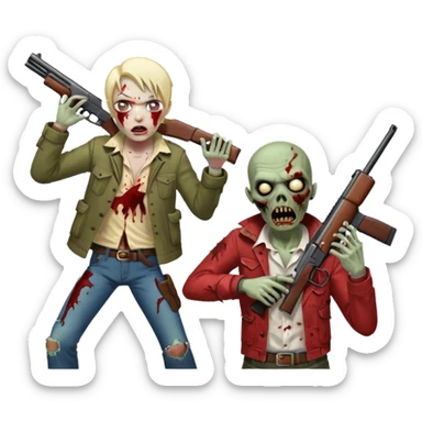 Survivor aiming shotgun at zombie, zombie in front, action pose, blood flying, no background













 sticker