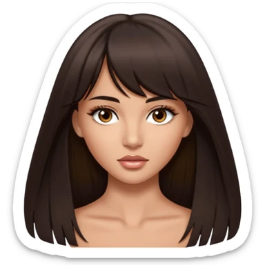 victoria's secret model, very long straight dark brown hair parted in the middle with bangs, almond-shaped brown eyes, brown eyebrows, oval face sticker