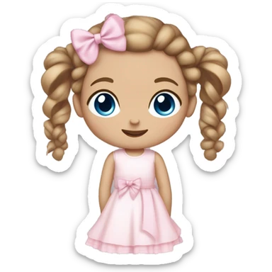 Little  babygirl with White skin, blue eyes. Light Brown hair in two ponytails, with light pink bows.  She is wearing a light pink and White dress, holding a teddybear with a pink bow. sticker