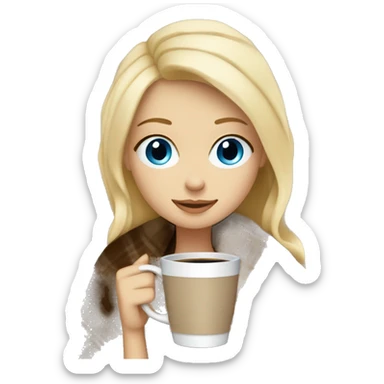 Blonde hair blue eyes girl wrapped in cozy blanket with coffee sticker