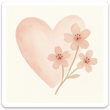 pink heart with sakura flowers, watercolor style, delicate and flowing sticker