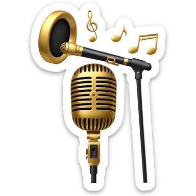 Create a sophisticated and smooth emoji representing jazz vocal performance. The design should feature a stylized microphone, with musical notes swirling around it to convey the fluid, improvisational nature of jazz. Add subtle elements like a vintage microphone stand or a hint of a singer’s silhouette in the background to reflect the live, intimate feel of jazz performance. Use deep, rich colors like gold, black, and burgundy to evoke the classic, smooth vibes of jazz. The background should be transparent. sticker