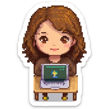 pixel art emoji of a girl with a laptop, brown hair, brown eyes, light skin sticker