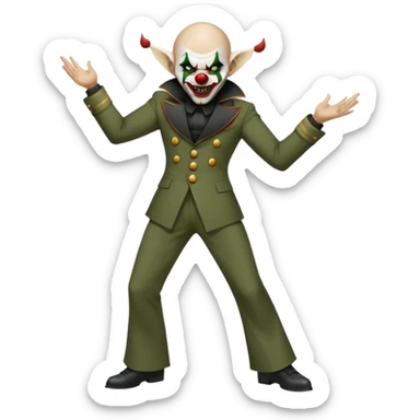evil clown, bald, small black satan horns on forehead, fangs, pointed ears, black and military green leisure suit with bellbottom pants, realistically proportioned, less bulky, full body, battle-ready fighting posture sticker