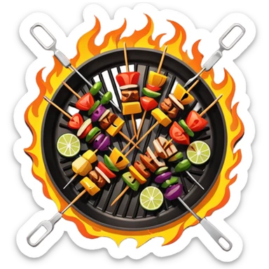 Grilled dishes avatar in bright emoji-style illustration. Skewers, BBQ, and grilled vegetables, warm fire tones, simple shapes, flat design, high contrast, tasty and inviting. sticker