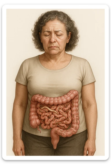 Donna in menopausa con intestino ricco di parassiti intestinali. Immagini realistiche sticker