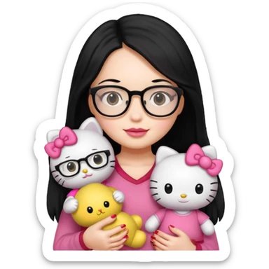 Nails cute with hello kitty wear glasses black long  hair, wear yellow shirt , red nails , big hello kitty doll sticker