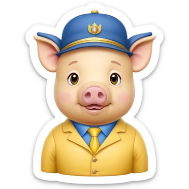 pig body with President Zelensky's face wearing a hat with yellow and blue colors sticker