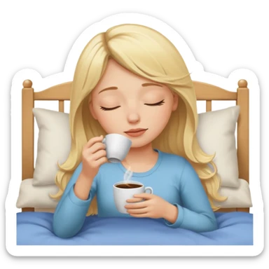 Blonde white skined girl who closes her eyes and smells coffee while drinking coffee in her bed sticker