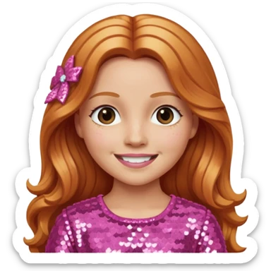 Carrie White with light skin, long reddish blonde hair, pink sequin outfit sticker