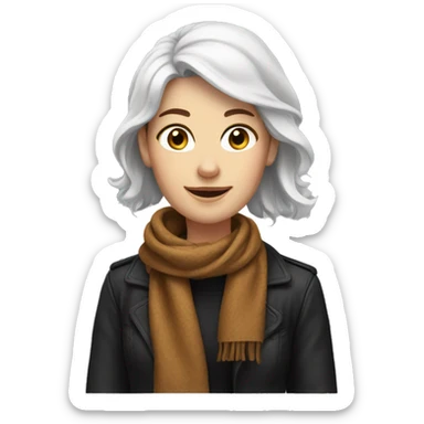 A woman white with freckles and brown hair, with a scarf and a black jacket, round face and with a smile sticker