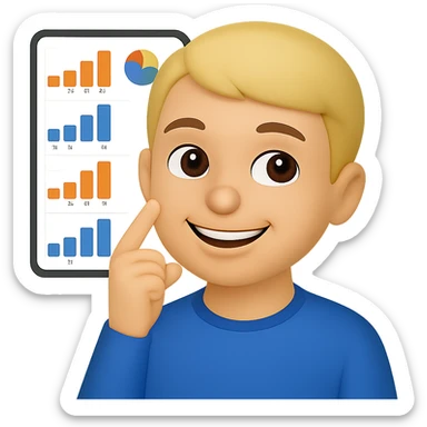 Person thinking with graphs in the background, smiling, in apple emoji style with a green background. sticker