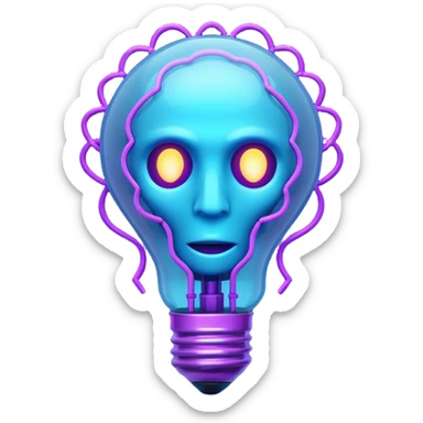 A stylized 3D emoji icon of a futuristic lightbulb. The filament inside is a glowing digital brain structure. The colors are a gradient of electric blue and purple neon light, with glowing edges. Minimalist, digital art aesthetic, sticker