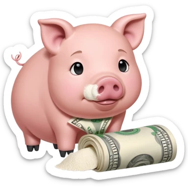 A pig with a rolled up dollar bill held to his nose looking down at a small pile of flour  sticker