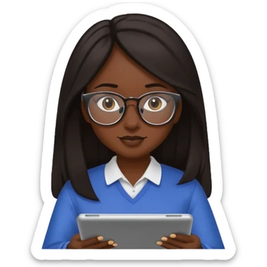 Yo, una chica de piel morena de pelo largo oscuro con lentes para ver, con la tablet trabajando  sticker