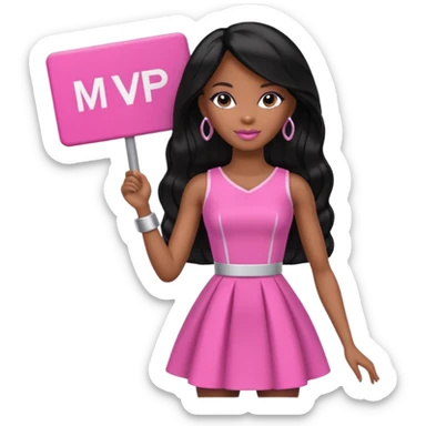 Black barbie, long black  hair, pink dress holding mvp sign  sticker