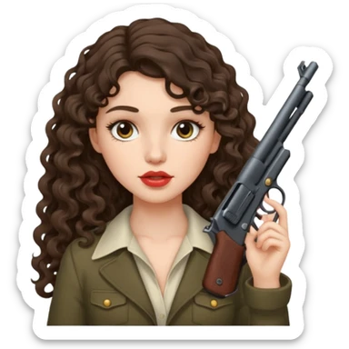 A brunette with long wavy, curly hair girl who is about to kill herself with a littlr gun pointed at her temple sticker