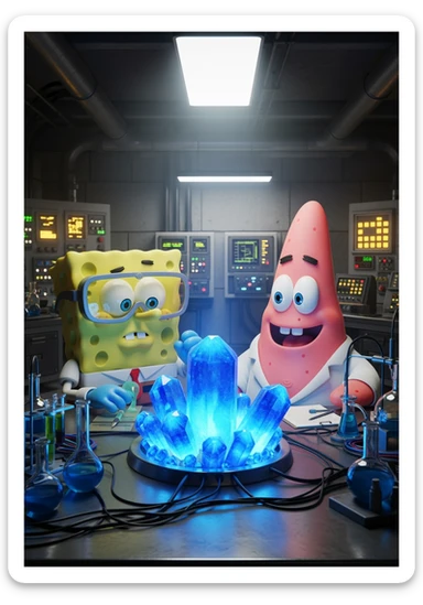 3D cienmatic cartoon shot, spongebob and patric dress in safety glasses and safe white outfit, the are standing front of table with blue crystals on table glowing (light source) science room in basement, back light, Cinema 4d render, proffesional lightning sticker
