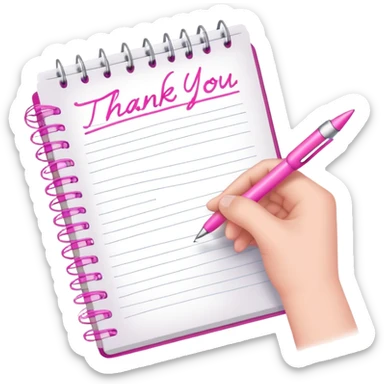 a hand writing a thank you note with a pink pen in a notebook sticker