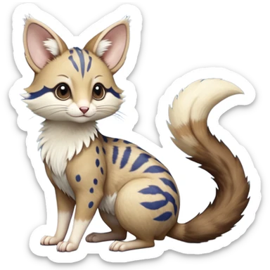 Brown, cobalt blue, beige, white, soft realistic romantic vintage antique divine beautiful elegant pretty precious cute young youthful  Fakémon-Pokémon-opossum-feline-mouse-serval-caracal-chinchilla-Minccino-Cinccino-Meowstic-rodent-hybrid-creature with a big fluffy bushy tail (full body) sticker