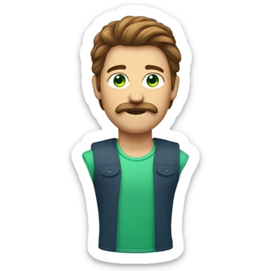 Make a guy who has a brown mullet and a moustache with green bluish eyes  sticker