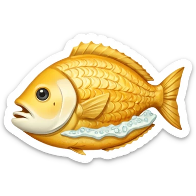 Create a realistic fried fish piece served with sauce & garnish. sticker