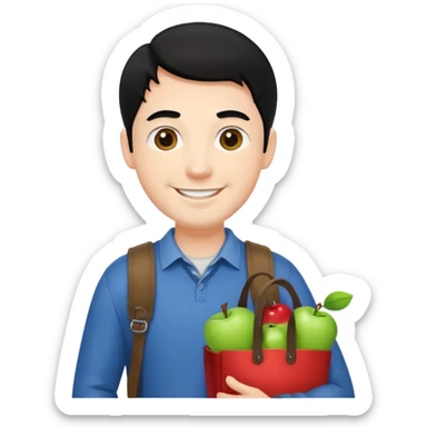 a white man with black hair carrying Apple bags sticker