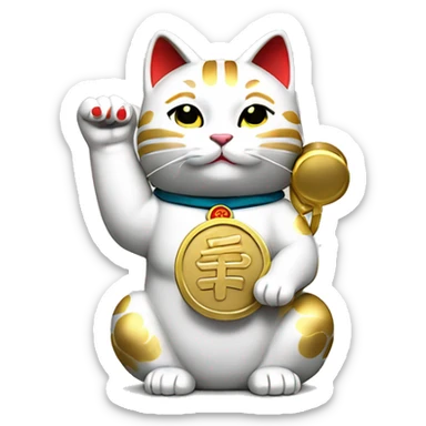 Japanese white maneki neko cat with its left arm raised and its right arm holding a golden koban coin sticker