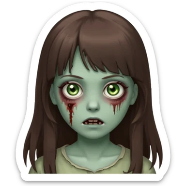 zombie girl with gray-green eyes and long brown hair with bangs sticker