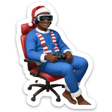 Informaticien homme noir full-body, week-end détente, assis à son bureau moderne avec ordinateur affichant du code. Il porte un casque VR et tient une manette PS 2025. À côté de lui, le Père Noël souriant, sapin illuminé et cadeaux autour. sticker