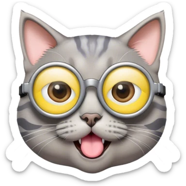Gray Cat that has tongue out wearing minion glasses sticker