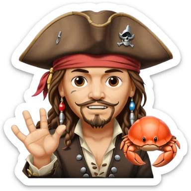 jack sparrow from the film pirates of the caribbean, shooo-ing the stone-crab.
- jack is sideways, mimicing to the left
 sticker