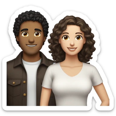 Hispanic male with black curly hair and straight brown eyes smiling next to white female with brown hair and hazel eyes sticker