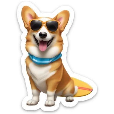 Playful Welsh corgi with a big smile, wearing cool sunglasses and holding a mini surfboard, giving off a summer beach vibe sticker