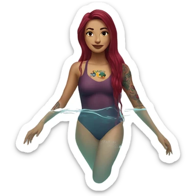 Beautiful tattooed  burgundy long haired woman swimming in a pool sticker