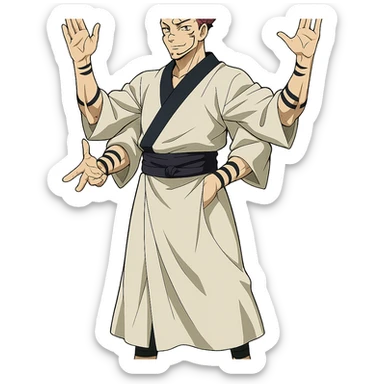 Ryomen Sukuna full body, traditional Japanese robe, four arms, confident pose, anime style sticker