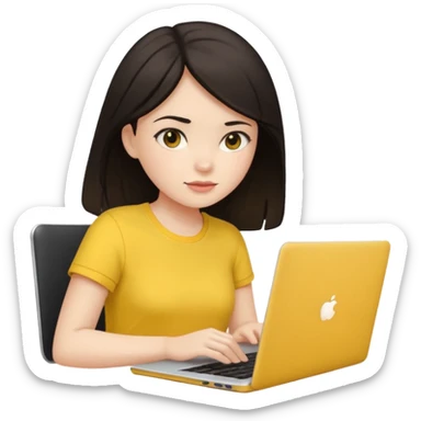 girl on a laptop, dark hair white skin and yellow shirt sticker