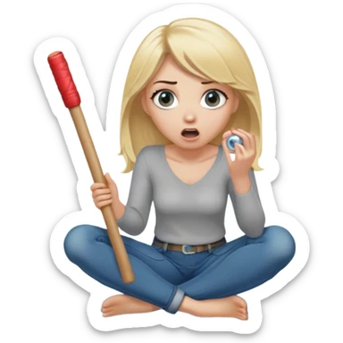 blond woman sitting on her knees with wide eyes, a human in jeans stands next to her, she's holding a wide skin-colored stick with a D-shaped knob, the stick and the nob have skin texture, water squirting from the knob into her mouth, shocked face sticker