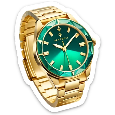 Minimalist white hand outline cradling a crystal refracting golden light into a scene of a luxury watch on a marble desk, deep emerald (#1A5F3F) and sapphire (#0F52BA) gradient background, prism facets glowing with metallic gold (#D4AF37) edges, soft shadow play, cinematic luxury vibe sticker
