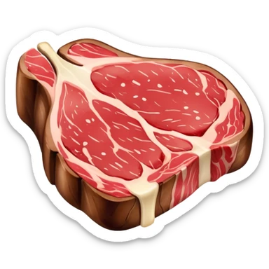 An emoji of a juicy steak or meat piece. Grilled on the outside with visible sear marks, slightly pink in the middle. Shaped like a thick cut of beef, with a small bone or marbled fat for extra detail. Rich red and brown tones to show it's freshly cooked. sticker