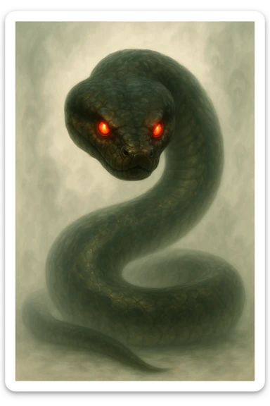Transform the rat into an evil anaconda-type creature, menacing and serpentine, keeping the sinister, light-colored background and the hyper-realistic, soft, glowing art style. The creature should look menacing and serpentine with a glowing, hyper-realistic appearance and a soft light effect on a light-colored sinister background. sticker