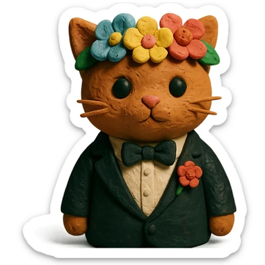 A kitten dressed in a tuxedo and wearing a flower crown sticker