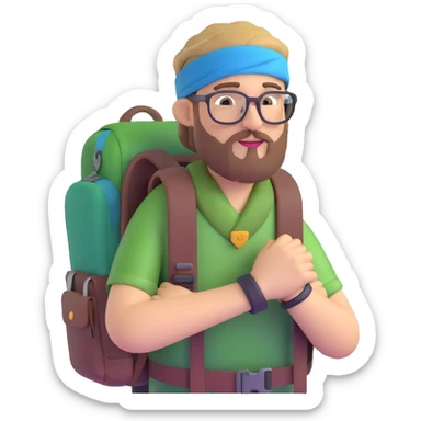 adventurer with goatee beard (no beard on cheeks), short hair, glasses, bandana on head and backpack sticker