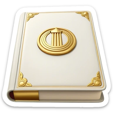 A white leather book with golden accents, smooth and polished, embossed with a symbol of six pillars columns,, radiating strength, confidence, and the power of self-worth.  sticker