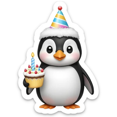 cute penguin with birthday hat hold a birthday cake in both arms sticker