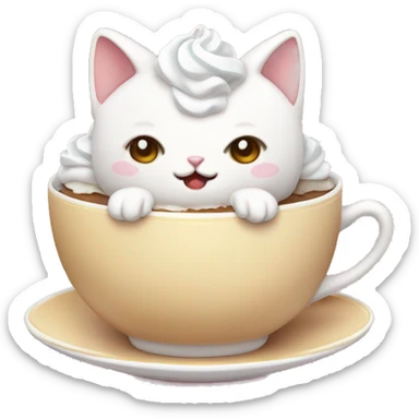 Kawaii cat sitting in a teacup with whipped cream on its head, dessert themed sticker