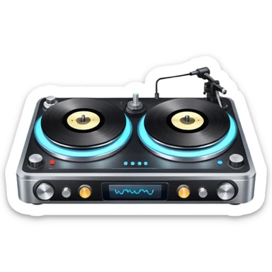 A dual turntable deck with glowing knobs and waveform screens.
 sticker