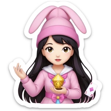 pixel art chibi asian girl with dark long hair in pink bunny hat magical girl with kawaii tarot cards thrown in air pixel emoji sticker